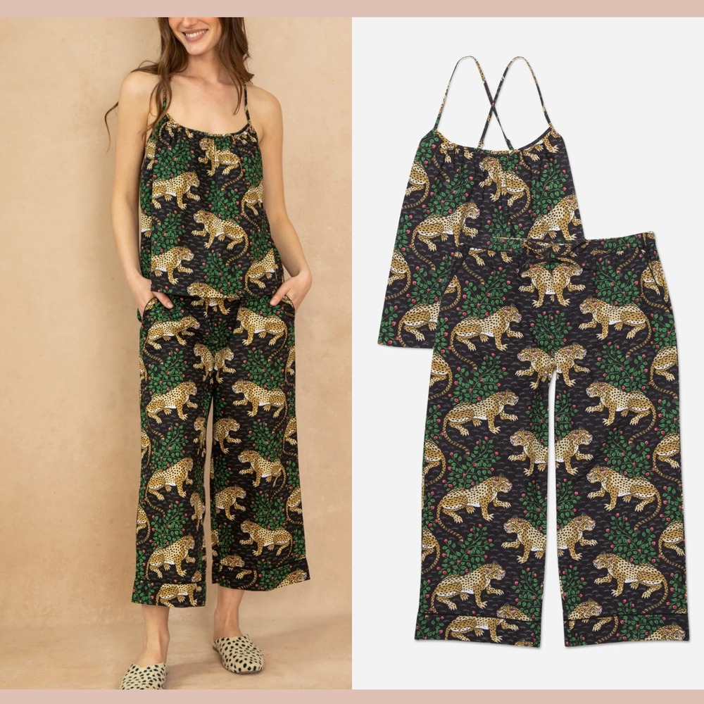 NIB $148 Printfresh [ Large ] Cotton Cami Cropped PJ Set in Bagheera Black U1965